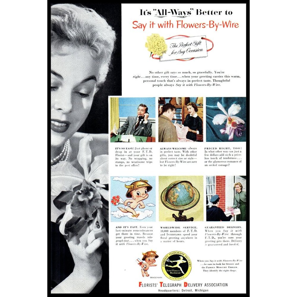 1953 FTD Florists Vintage Print Ad Orchid Telegraph Delivery Wall Art Photo